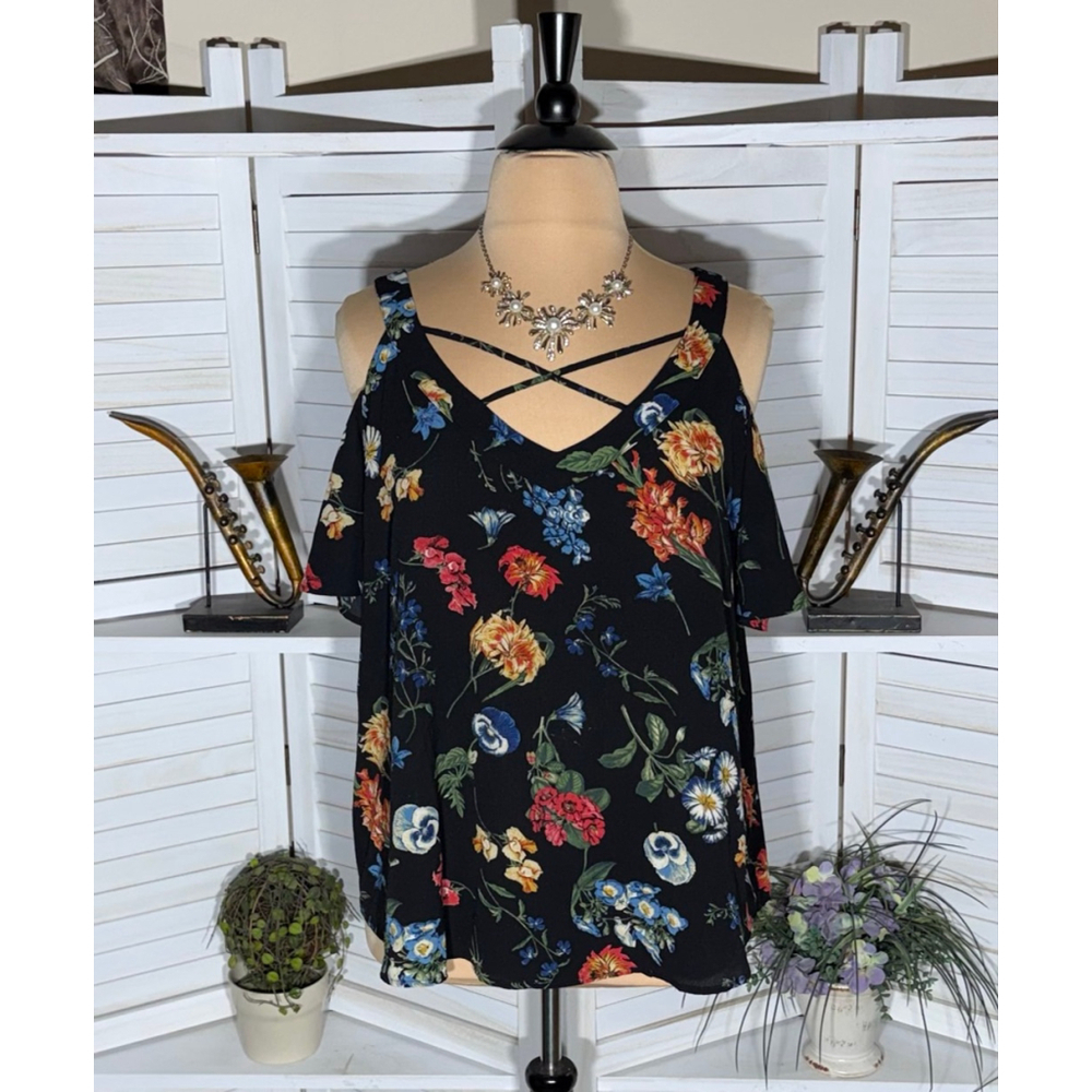 Flower & Feather hippie blouse boho black red floral cold shoulder plus size 3X